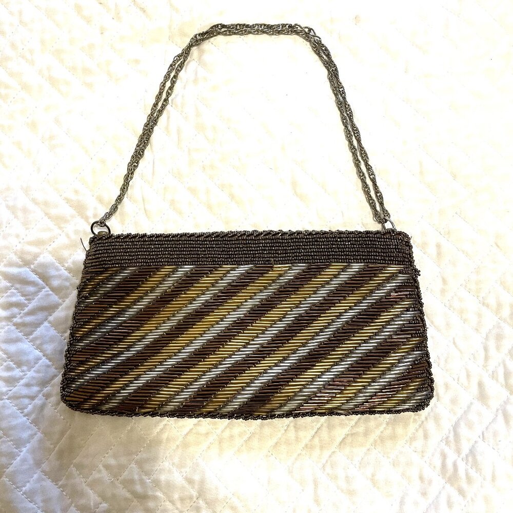 Walborg Vintage Brown, Silver and Gold Striped Clutch with Chain Strap